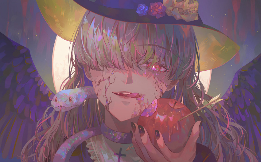 1boy, animal, animal_on_shoulder, apple, arrow_(projectile), black_nails, blue_flower, blue_rose, bright_pupils, crack, cracked_skin, cross, cross_print, eyelashes, feathered_wings, fingernails, flower, food, frills, fruit, gradient, gradient_nails, hair_ornament, hair_over_one_eye, hat, hat_flower, highres, holding, holding_food, holding_fruit, kinakomocci518, long_eyelashes, looking_at_viewer, male_focus, moon, night, night_sky, open_mouth, original, planted, planted_arrow, purple_nails, purple_wings, red_eyes, red_flower, red_rose, rose, skull, skull_hair_ornament, sky, snake, teeth, tongue, tongue_out, upper_body, upper_teeth, white_pupils, white_snake, wings