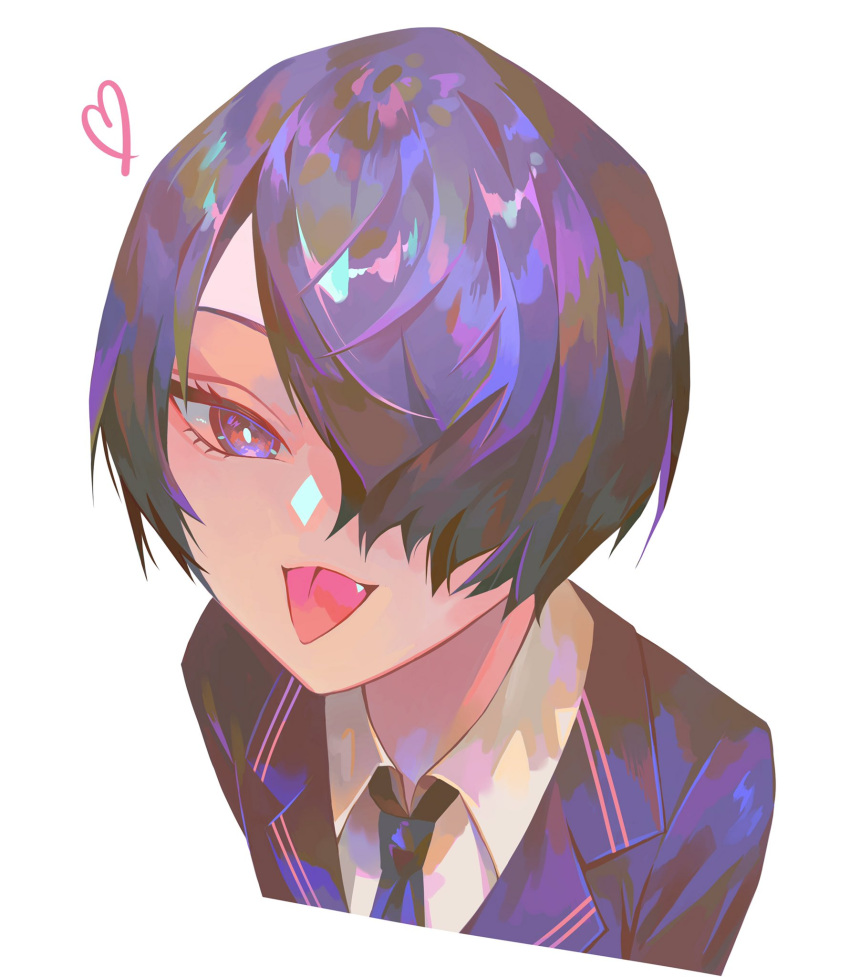 1other, ambiguous_gender, aqua_pupils, borrowed_character, eyelashes, fang, grey_background, hair_over_one_eye