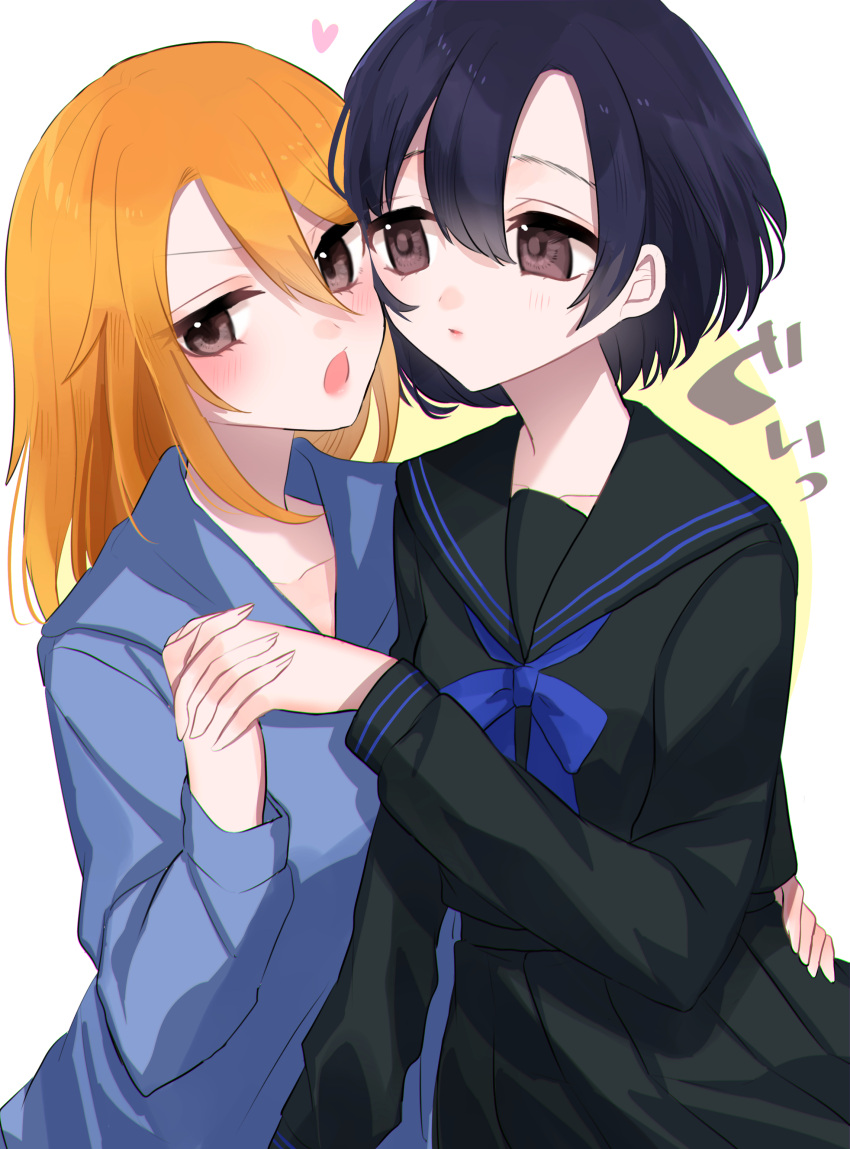 absurdres, anfuji_uiro, black_hair, black_serafuku, blue_neckerchief, blue_shirt, blush, hand_on_another's_hip