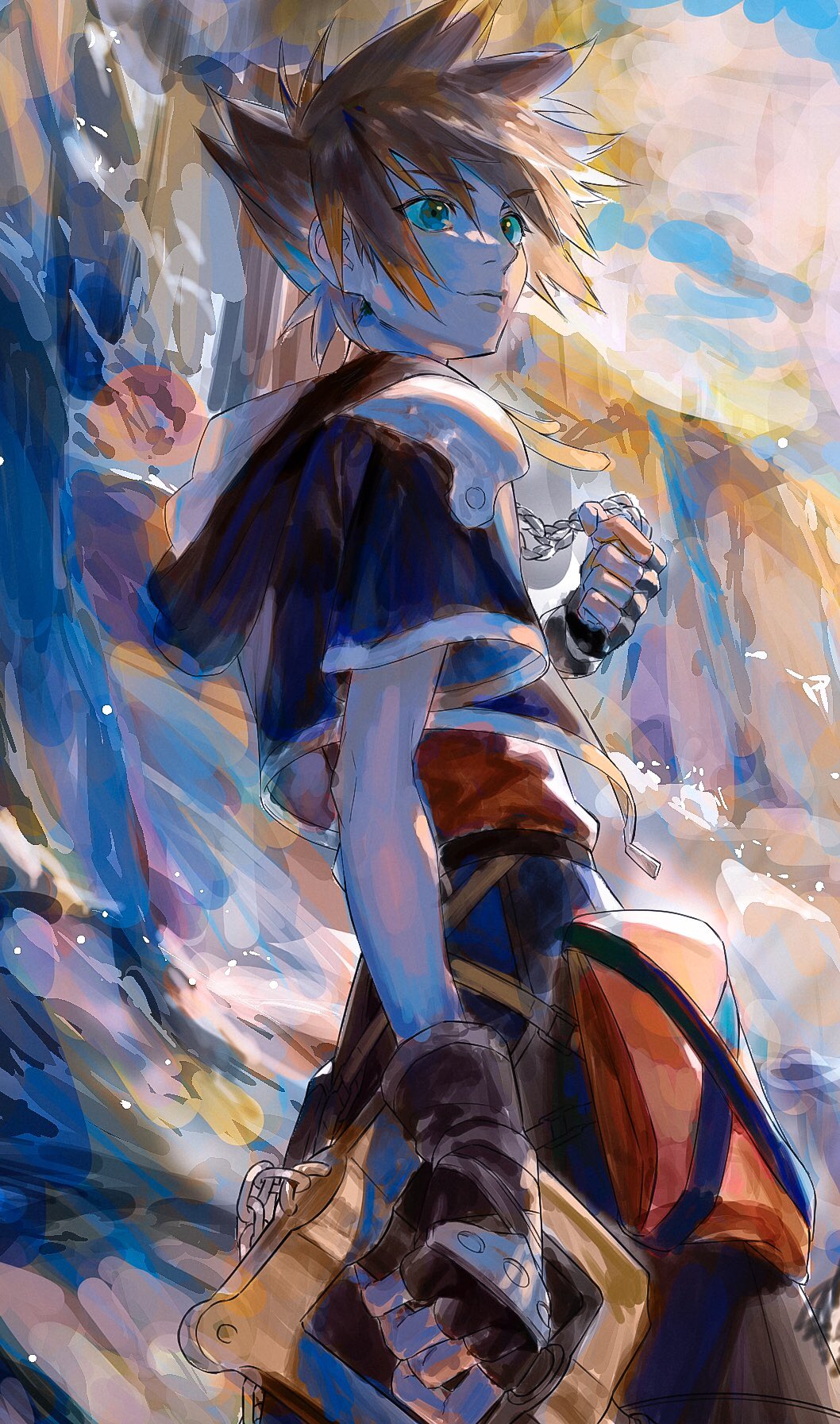 1boy, armor, black_gloves, brown_hair, chain, chain_necklace, closed_mouth, clouds