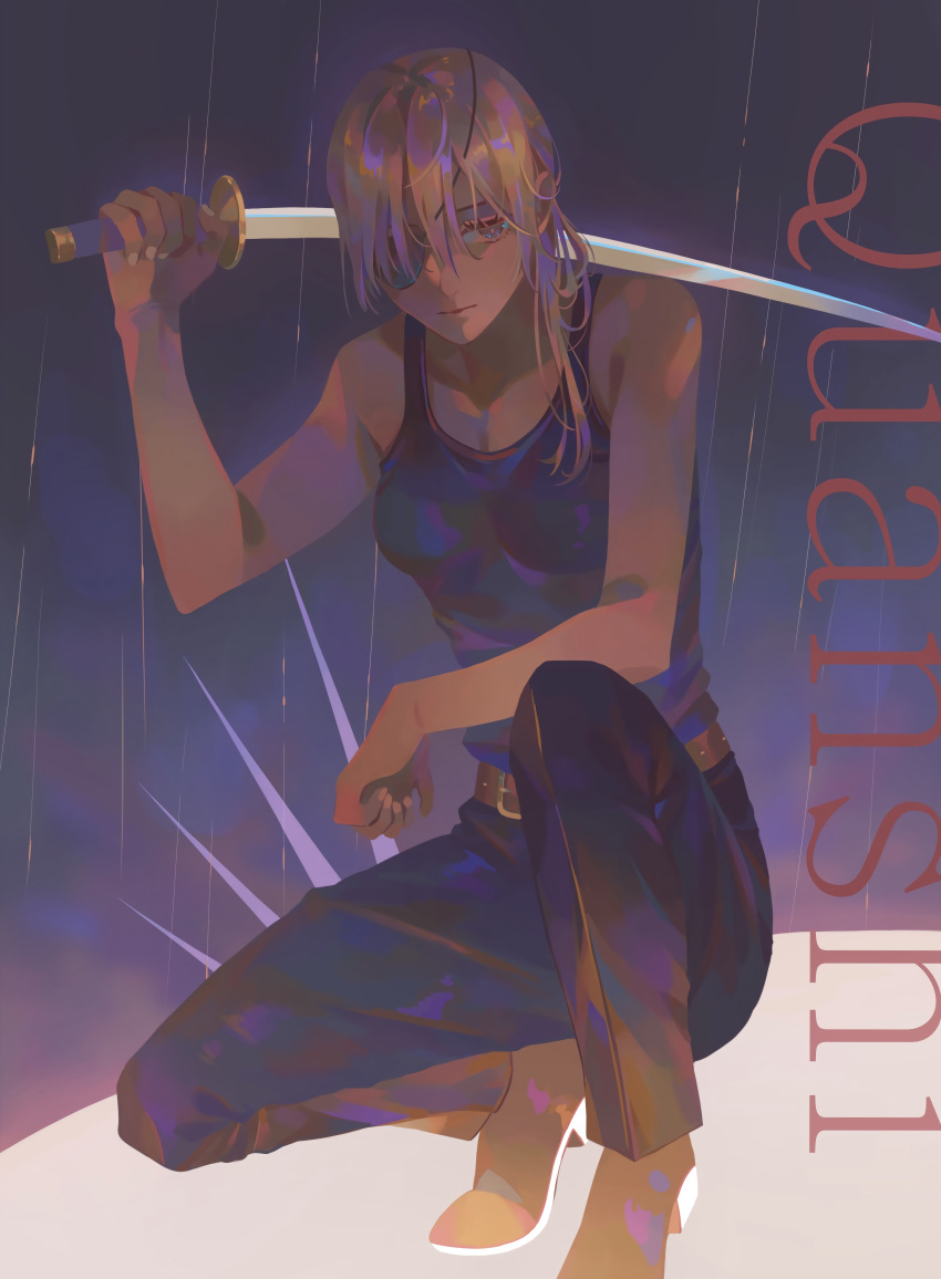 1girl, absurdres, bare_shoulders, belt, blue_eyes, brown_belt, brown_hair, chainsaw_man