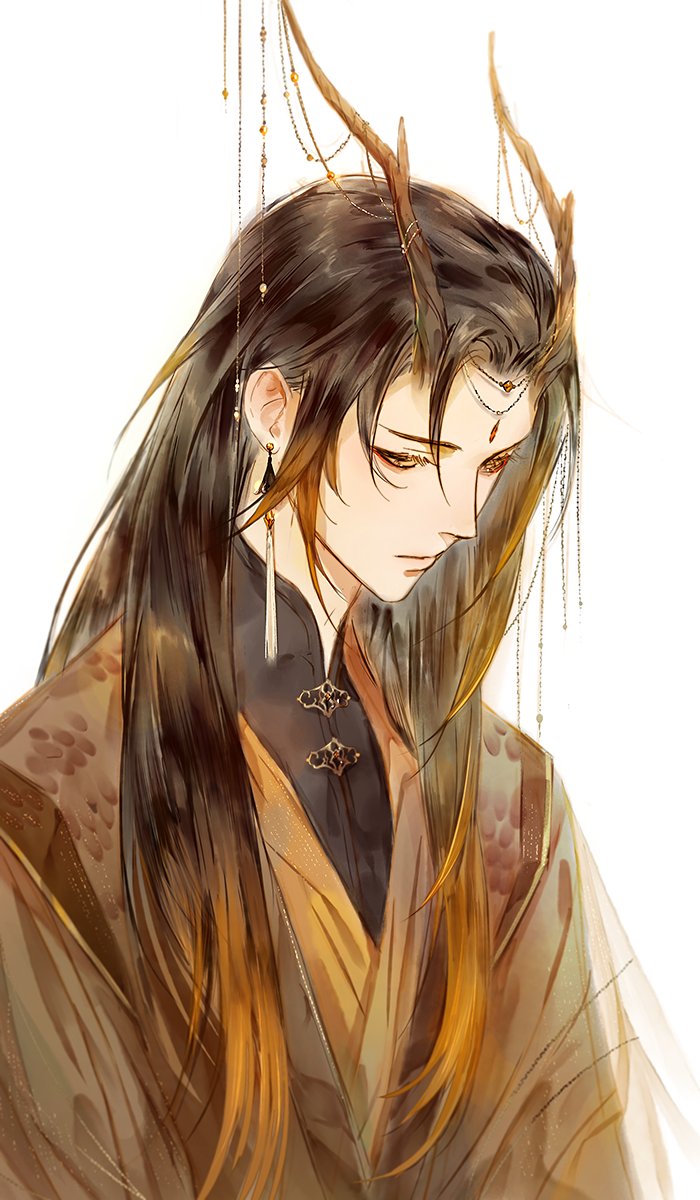 1boy, antlers, beads, black_hair, brown_hair, chinese_clothes, circlet, commentary