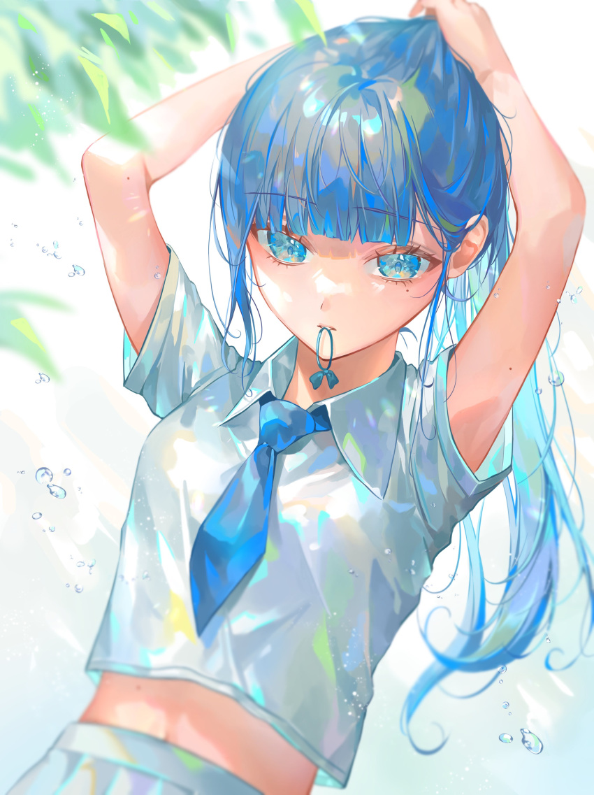 1girl, absurdres, arms_up, bangs, blue_eyes, blue_hair, blue_necktie, blue_theme