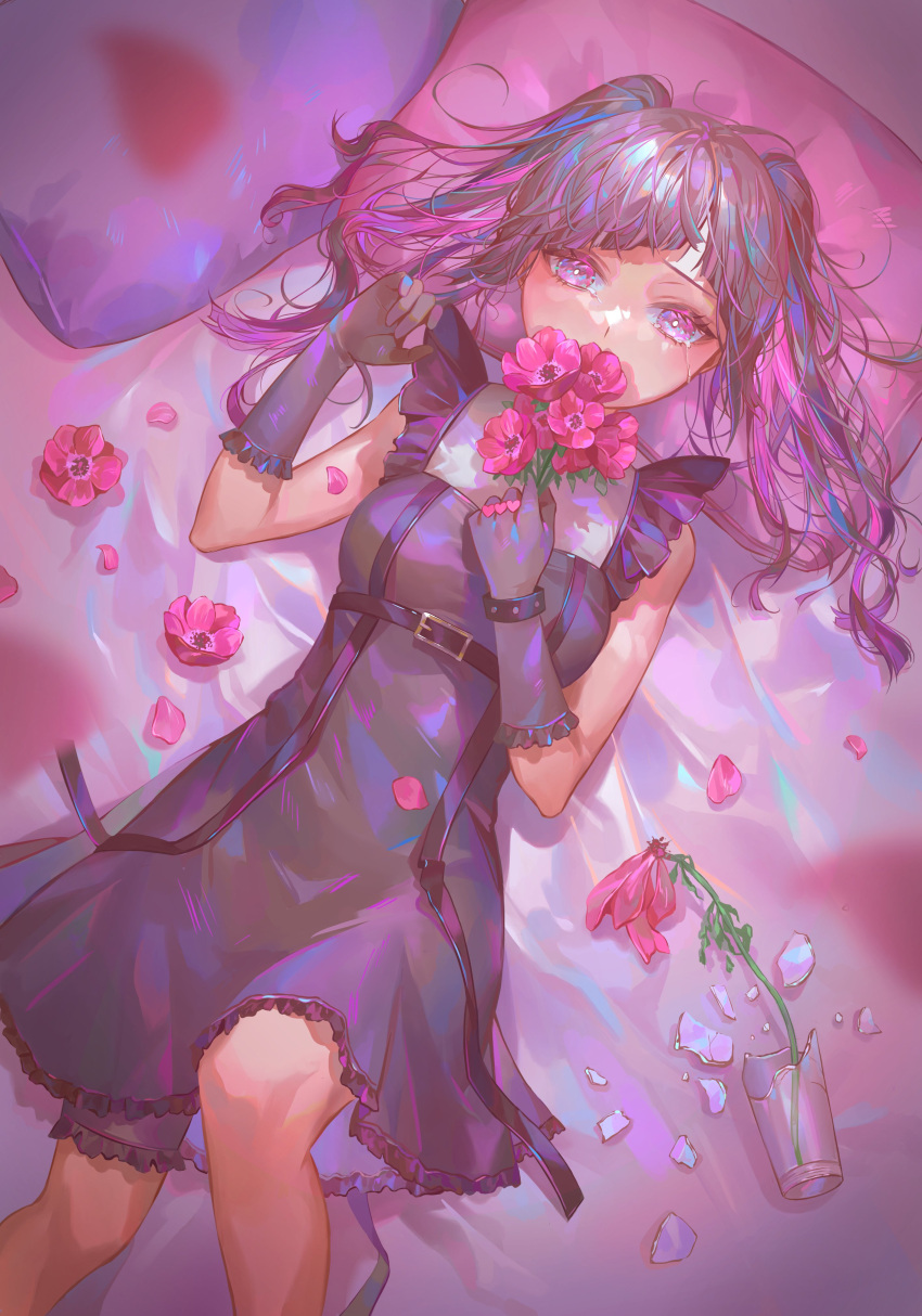 1girl, absurdres, bare_shoulders, bed_sheet, black_dress, black_gloves, black_hair, blurry