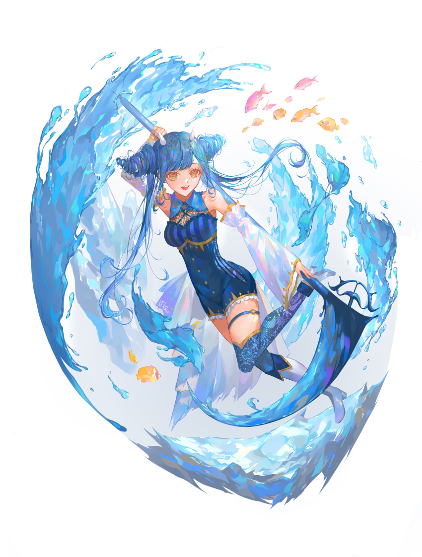 1girl, absurdres, animal, arm_up, asymmetrical_footwear, bare_shoulders, blue_hair, blue_thighhighs