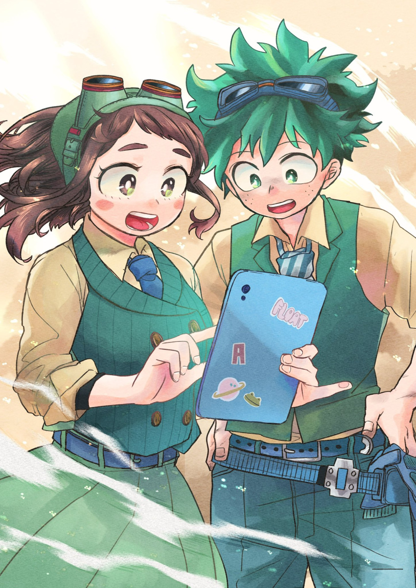 1boy, 1girl, belt, blush, boku_no_hero_academia, breasts, brown_background, brown_eyes, brown_hair, brown_shirt, couple, freckles, goggles, goggles_on_head, goggles_removed, green_eyes, green_hair, hetero, highres, ipad, large_breasts, midoriya_izuku, necktie, open_mouth, pinky_out, saburou_(326xxx1), shirt, simple_background, sleeves_rolled_up, sticker, tablet_pc, uraraka_ochako, vest