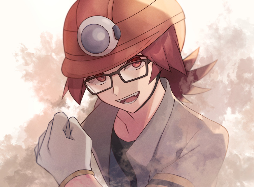 1boy, :d, black-framed_eyewear, black_shirt, commentary_request, glasses, gloves, grey_jacket