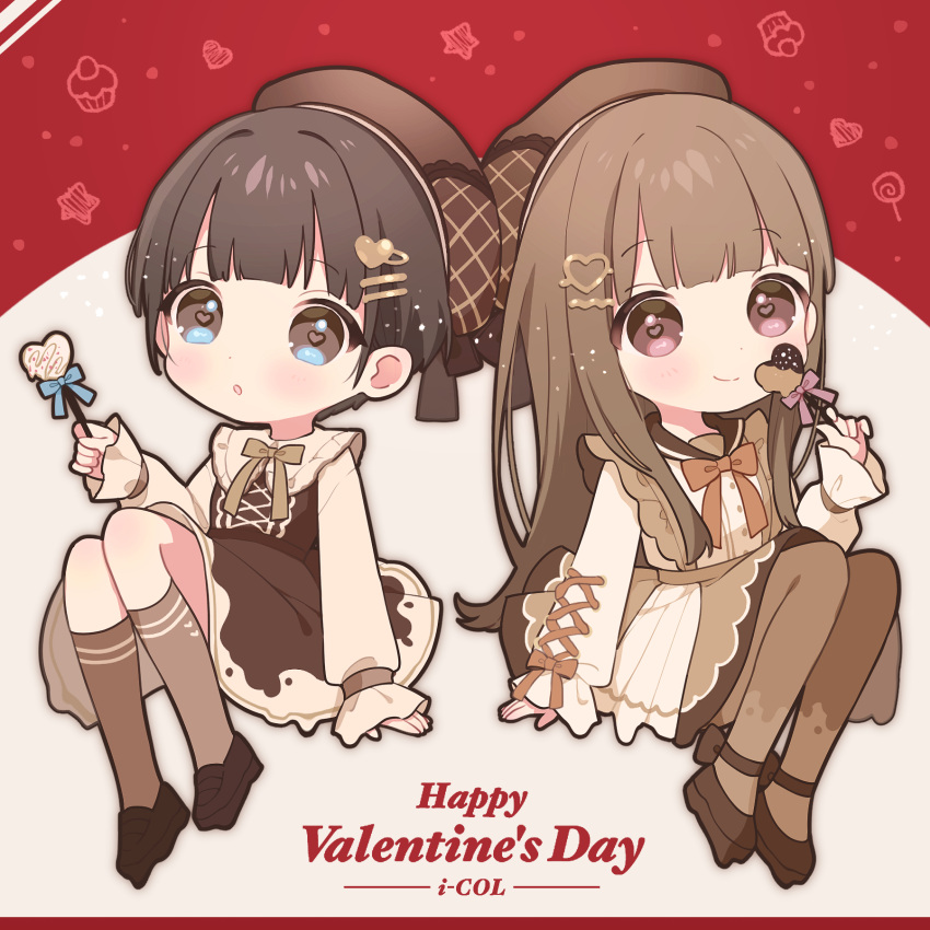 2girls, bangs, beret, blue_eyes, blunt_bangs, blush, brown_hair, candy