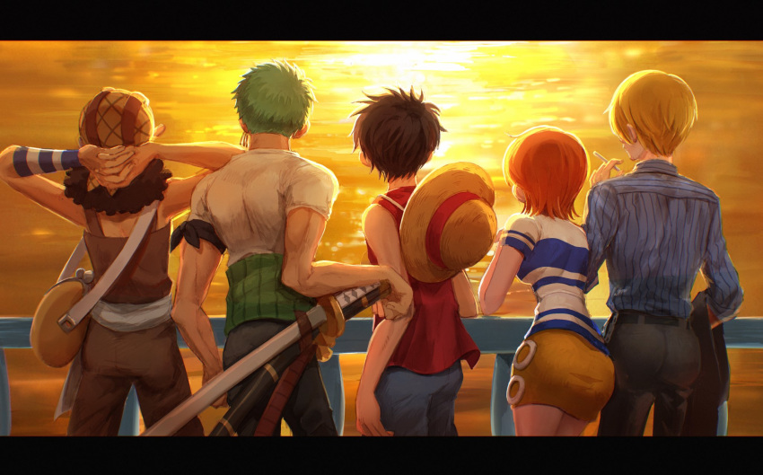 1girl, 4boys, back, bare_shoulders, black_hair, blonde_hair, cigarette, earrings