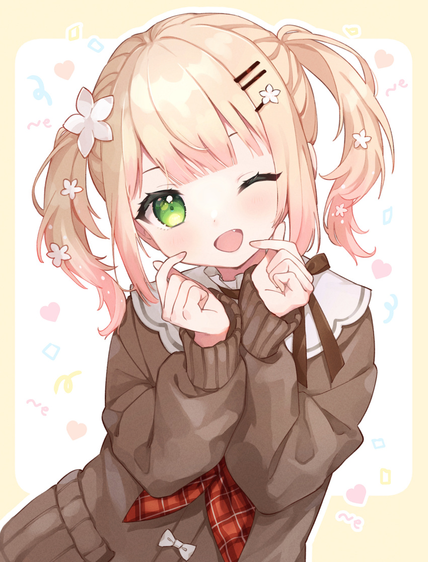 1girl, :d, bangs, blonde_hair, blunt_bangs, blush, bow, cardigan, collared_shirt, double_finger_heart, fang, finger_heart, flower, gradient_hair, green_eyes, hair_flower, hair_ornament, hairclip, hands_up, high_collar, highres, hololive, long_hair, long_sleeves, looking_at_viewer, mameyanagi, momosuzu_nene, multicolored_hair, neck_ribbon, neckerchief, one_eye_closed, open_mouth, pink_hair, plaid_neckerchief, ribbon, shirt, sleeves_past_wrists, smile, solo, twintails, two-tone_hair, virtual_youtuber