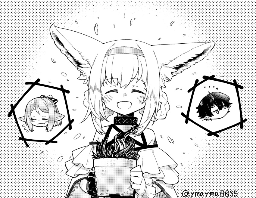 1boy, 2girls, :d, ^_^, animal_ears, arknights, asymmetrical_gloves, bare_shoulders