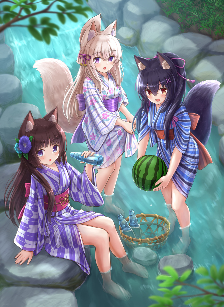 3girls, :d, absurdres, animal_ear_fluff, animal_ears, barefoot, black_hair, blue_eyes