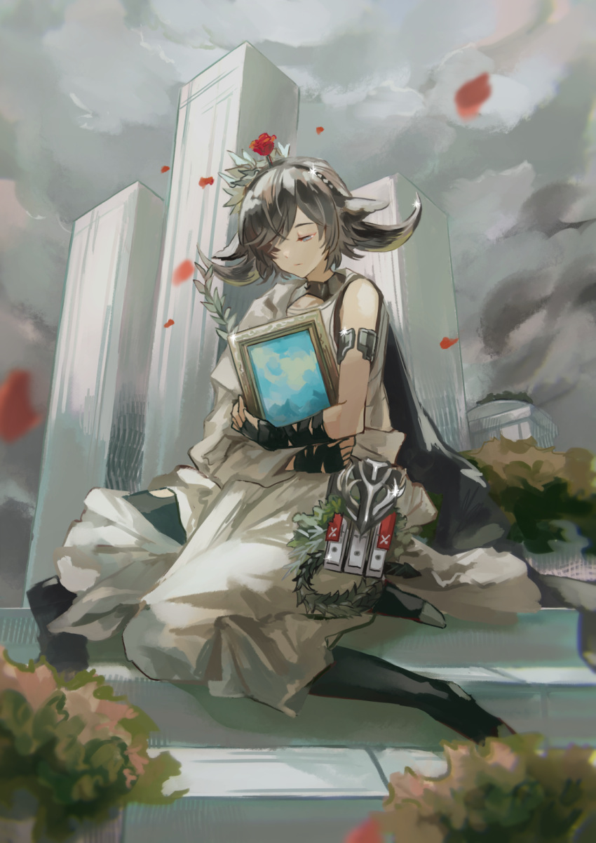 1girl, animal_ears, arknights, armlet, bandaged_arm, bandages, bare_shoulders, black_thighhighs