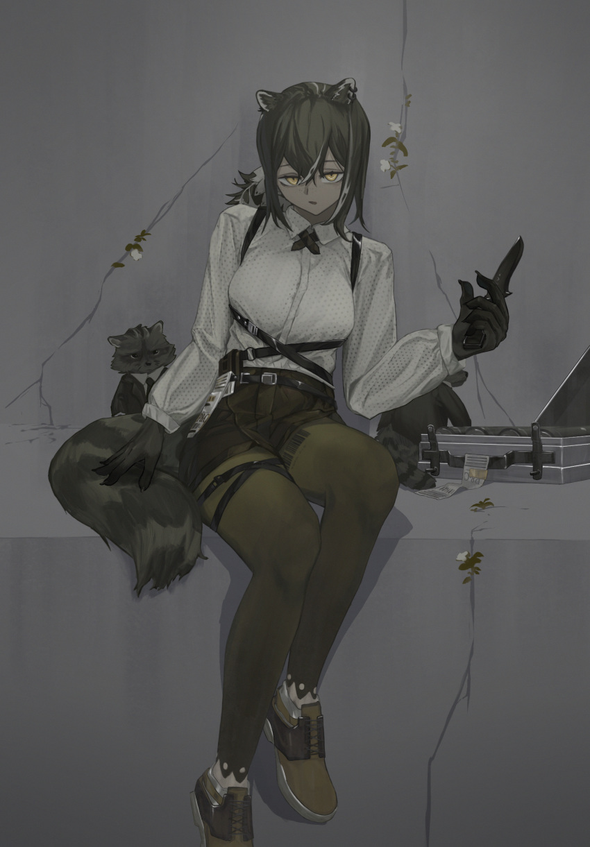 absurdres, animal, animal_ears, arknights, belt, black_hair, black_skin, breasts