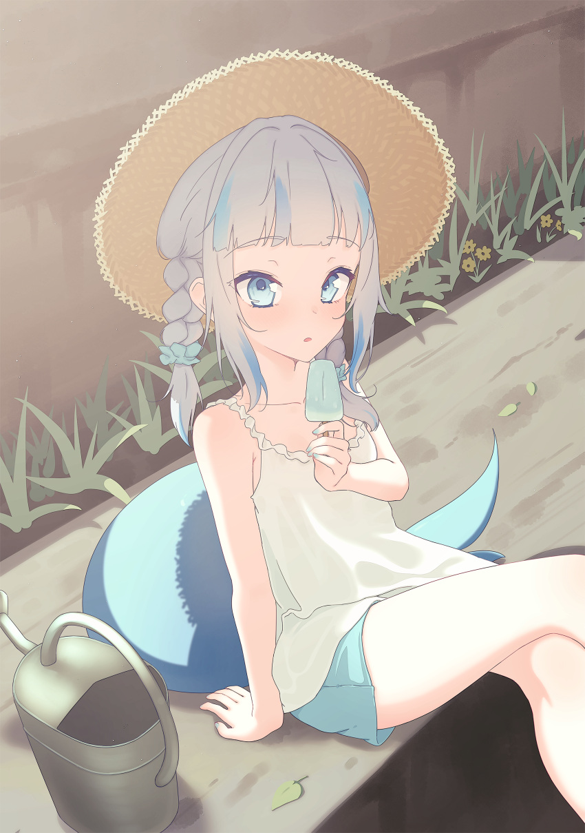 1girl, absurdres, alternate_costume, alternate_hairstyle, bangs, bare_legs, blouse, blue_eyes