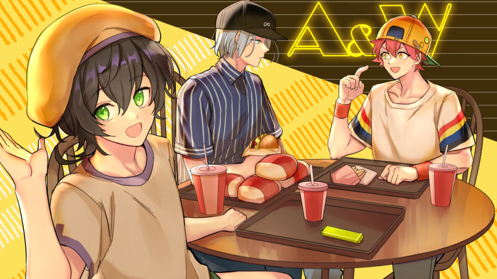 3boys, :d, a&amp;w, backwards_hat, bad_arm, badge, baseball_cap, black_hair