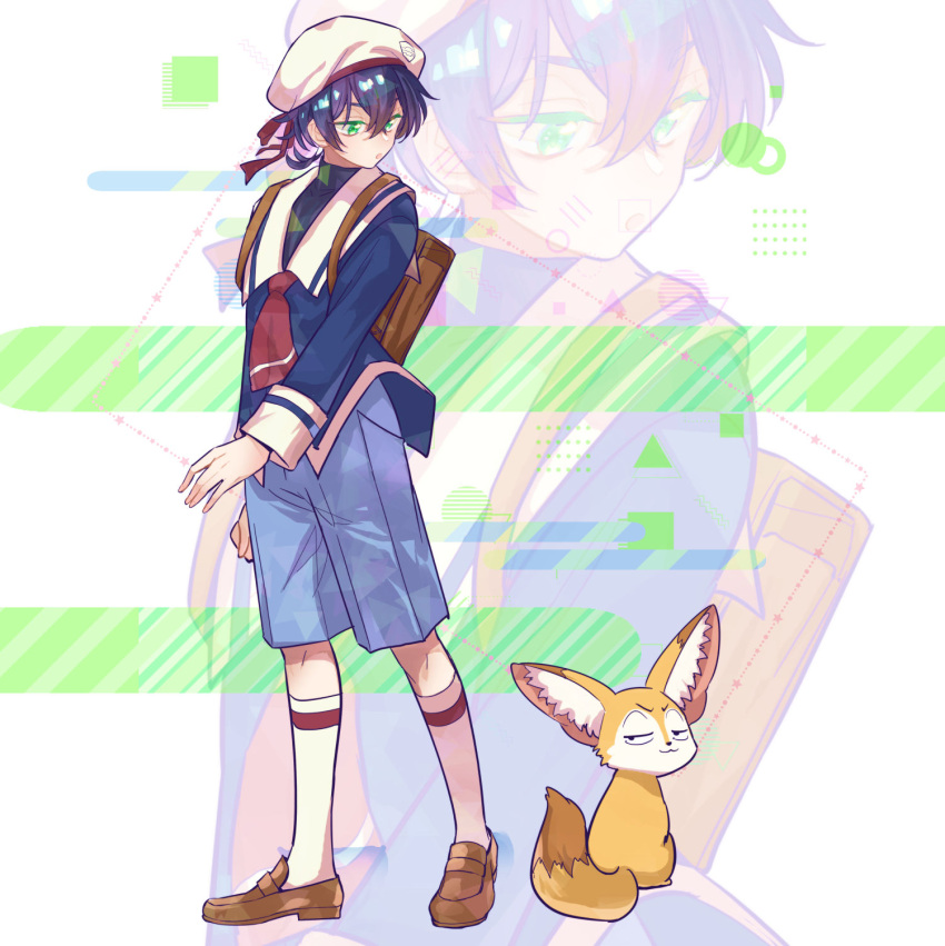 1boy, backpack, bag, blue_hair, brown_footwear, full_body, green_eyes, grgr_nico