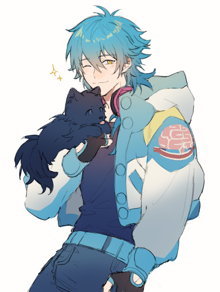 1boy, ;), absurdres, animal, black_dog, blue_hair, dog, eiji_(slow_damage), fingerless_gloves, gloves, headphones, headphones_around_neck, highres, holding, holding_animal, holding_dog, hood, hood_down, hooded_jacket, jacket, looking_at_viewer, male_focus, medium_hair, nocolour, one_eye_closed, pants, simple_background, slow_damage, smile, solo, sparkle, white_background, yellow_eyes