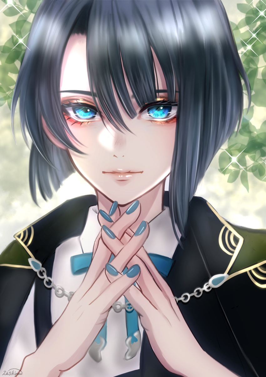1boy, absurdres, blue_bow, blue_bowtie, blue_eyes, bow, bowtie, closed_mouth