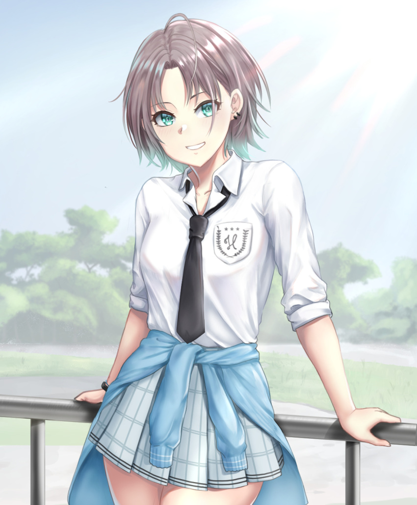 1girl, ahoge, asakura_toru, badge, black_necktie, blue_eyes, blue_jacket, brown_hair