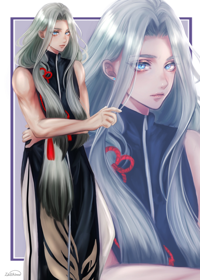 1boy, absurdres, black_hair, blue_eyes, closed_mouth, clothing_request, colored_tips, crossed_arms