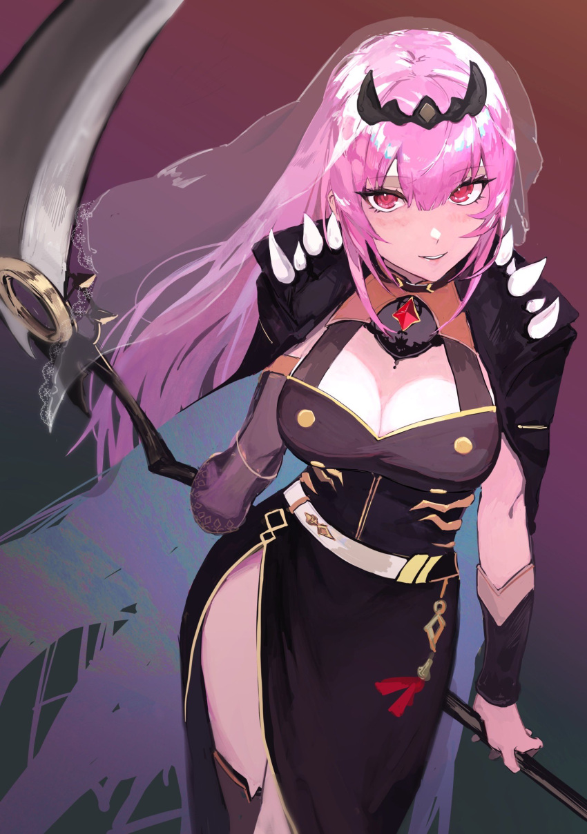 1girl, absurdres, belt, black_coat, blush, coat, coat_on_shoulders, detached_sleeves, drawing_alpaca, eyelashes, gem, gradient, gradient_background, hair_between_eyes, highres, holding, holding_scythe, holding_weapon, hololive, hololive_english, long_eyelashes, long_hair, mori_calliope, parted_lips, pink_hair, red_eyes, red_gemstone, reverse_grip, scythe, see-through, shiny, shiny_hair, smile, solo, spikes, tassel, tiara, torn, torn_clothes, torn_coat, veil, virtual_youtuber, weapon