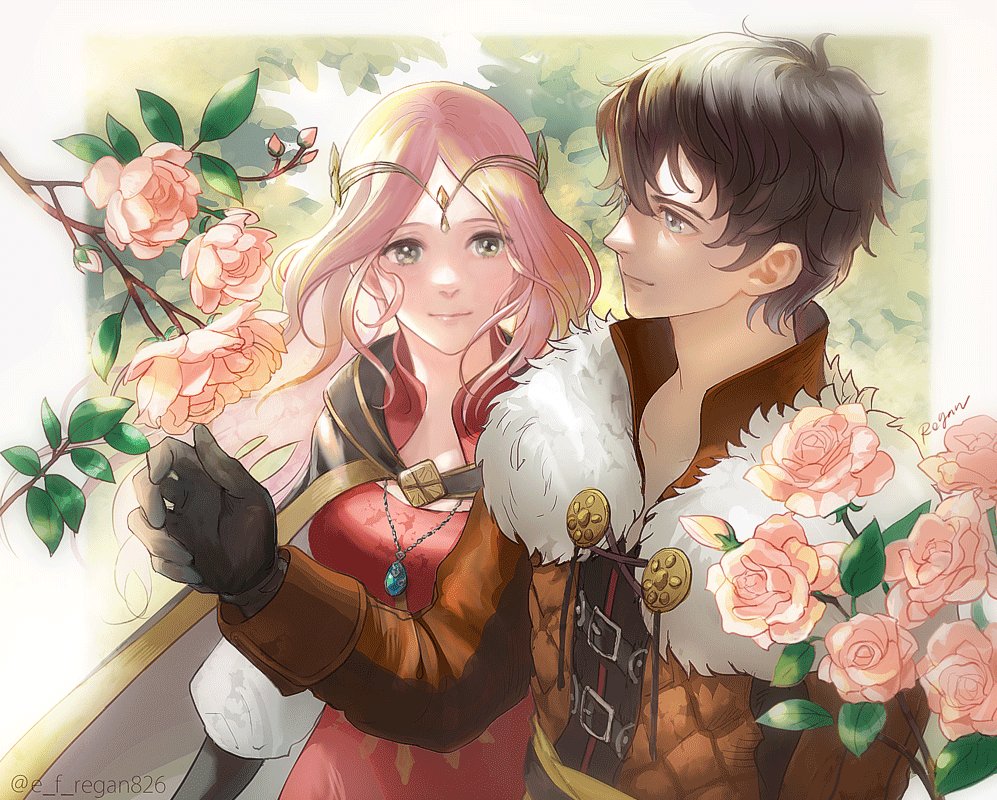 bangs, blue_eyes, breasts, brown_coat, brown_hair, cape, circlet, coat, couple, dress, flower, frederica_aesfrost, fur_collar, gloves, green_eyes, hair_between_eyes, jewelry, leaf, long_hair, long_sleeves, looking_at_another, medium_breasts, necklace, outdoors, parted_bangs, pink_flower, pink_hair, pink_rose, puffy_sleeves, red_dress, regan_(hatsumi), rose, serenoa_wolffort, short_hair, smile, triangle_strategy, upper_body, wavy_hair