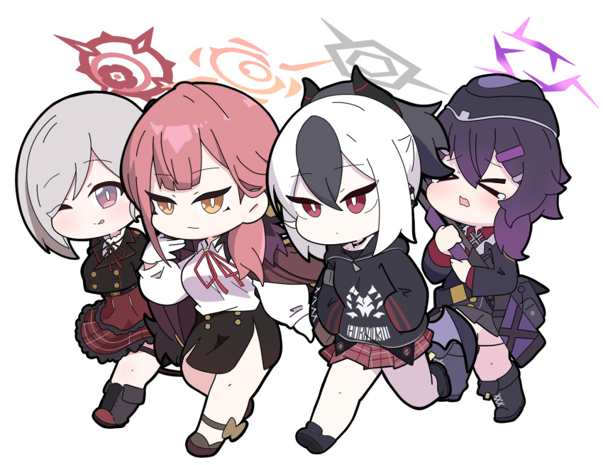 4girls, ;q, arms_behind_back, aru_(blue_archive), bangs, black_flower, black_footwear, black_hair