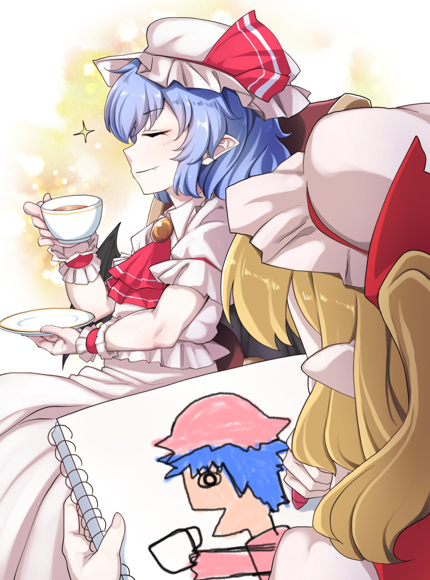 1girl, 2girls, blonde_hair, blue_hair, closed_eyes, closed_mouth, commentary_request, crayon