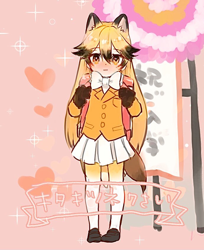 1girl, animal_ears, backpack, bag, blush, bow, bowtie, brown_gloves