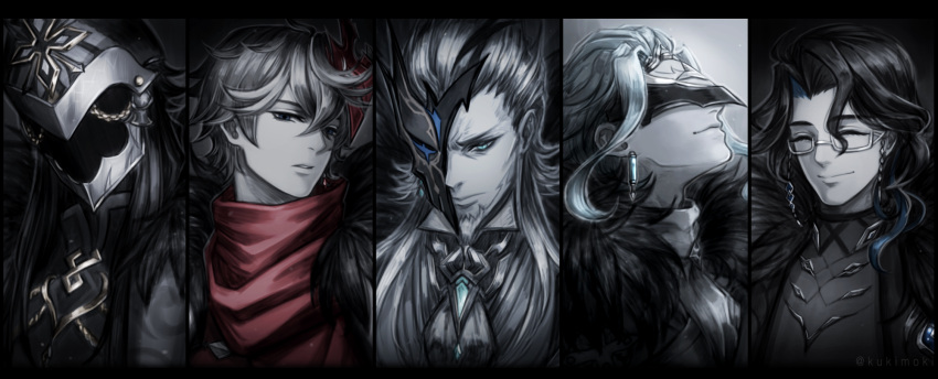 5boys, beard, black_hair, blue_hair, capitano_(genshin_impact), chain, closed_eyes, coat