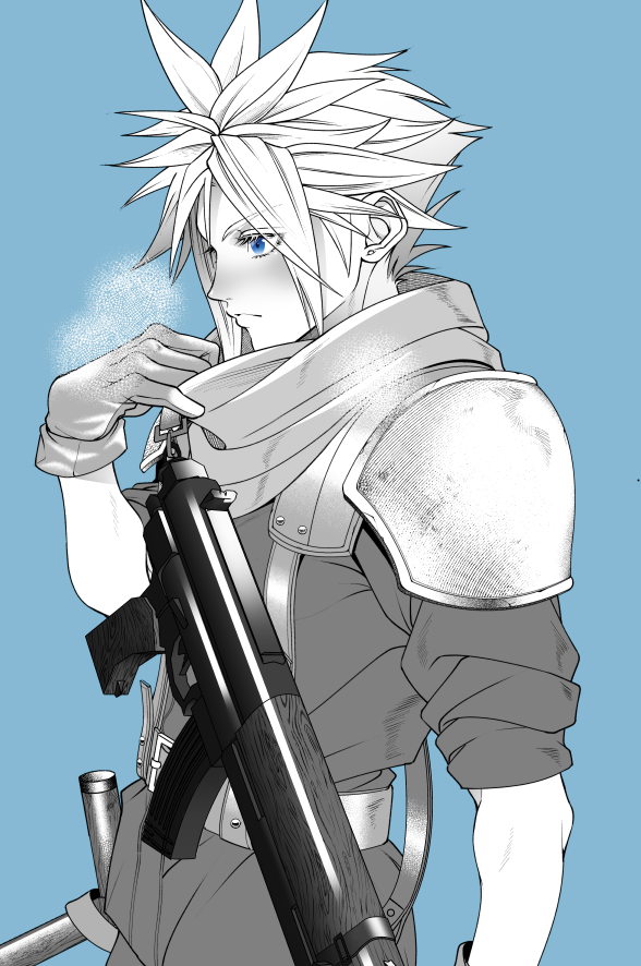 1boy, adjusting_scarf, armor, belt, blue_background, blue_eyes, blush, breath