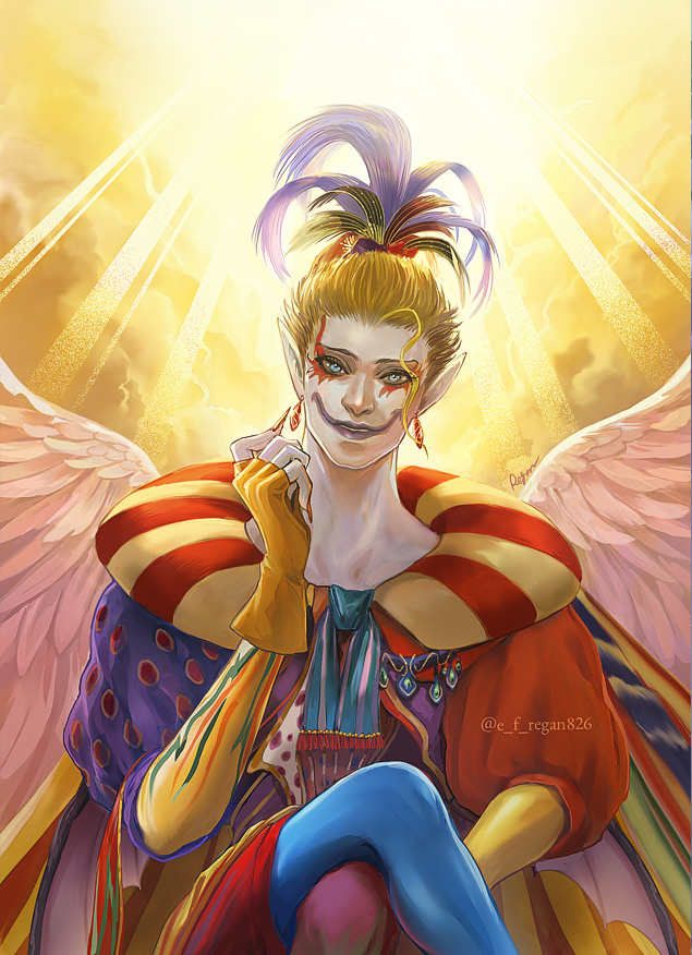 1boy, backlighting, blonde_hair, blue_eyes, cefca_palazzo, clouds, cloudy_sky, clown