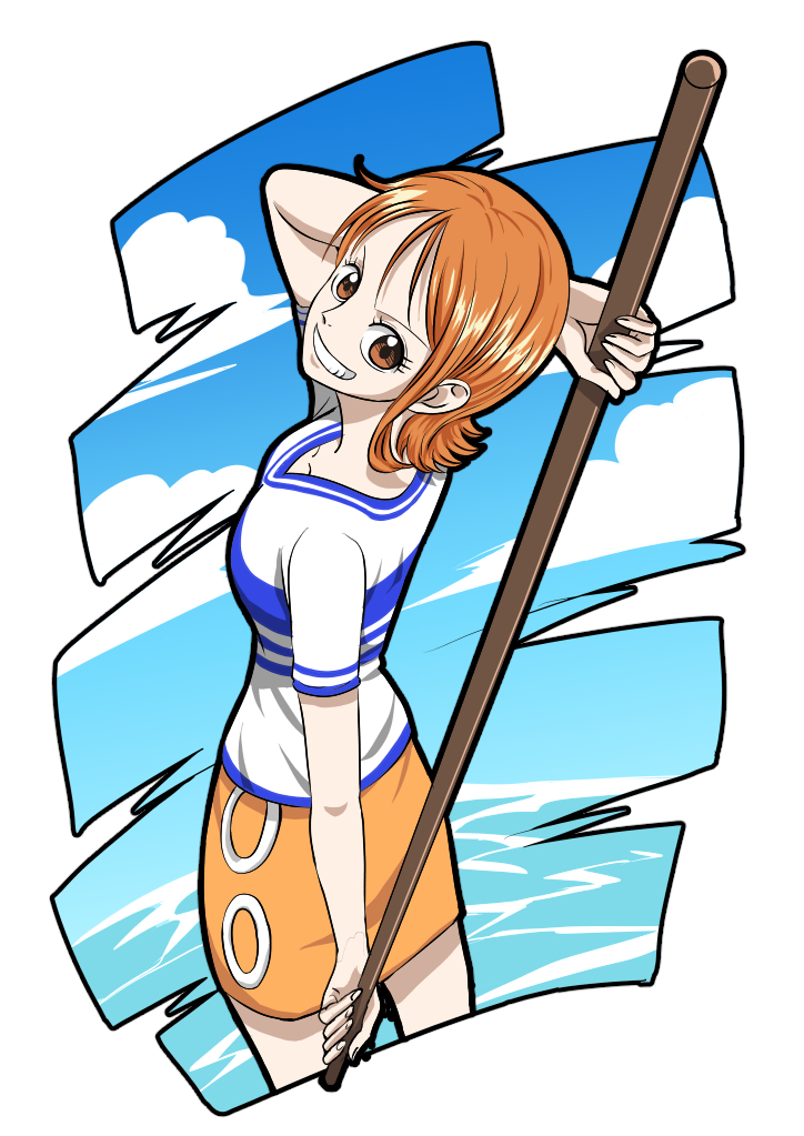 1girl, musasabiop, nami_(one_piece), one_piece, orange_eyes, orange_hair, orange_skirt, shirt, short_sleeves, skirt, smile, solo, stick, striped, striped_shirt