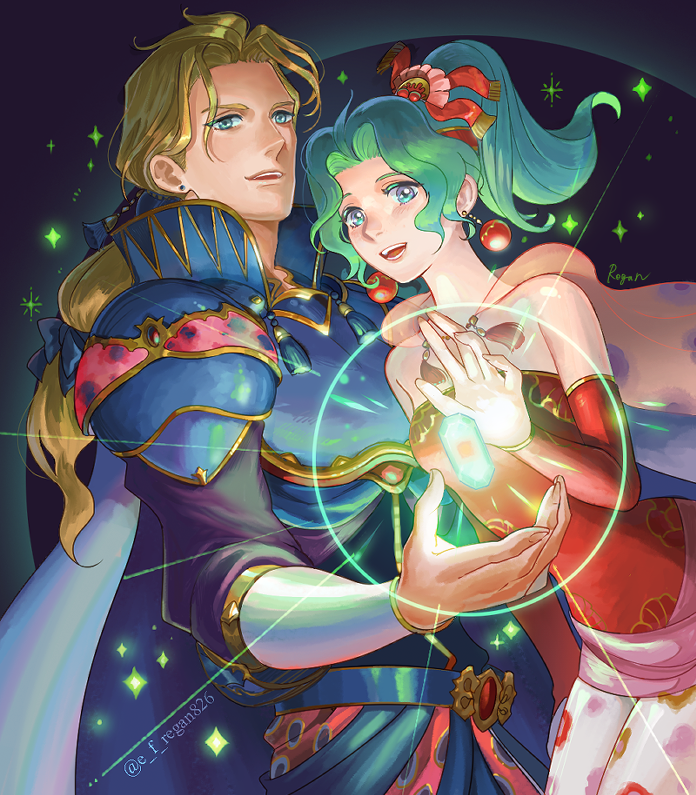 1boy, 1girl, armor, bangs, bare_shoulders, belt, blonde_hair, blue_eyes
