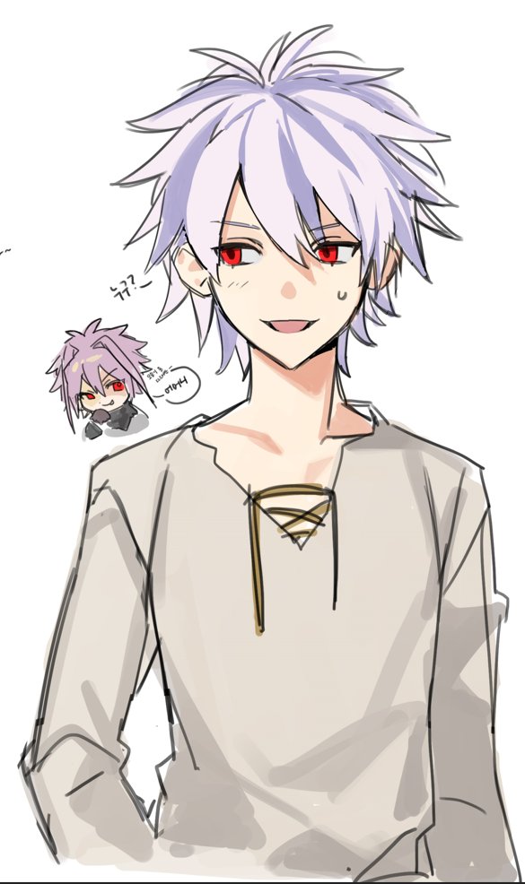 2boys, chibi, commentary_request, grey_shirt, hair_between_eyes, kilimojji, korean_commentary, korean_text, long_sleeves, male_focus, multicolored_hair, multiple_boys, nijou_ryuu, open_mouth, purple_hair, red_eyes, saibou_shinkyoku, shirt, short_hair, simple_background, smile, sweat, theodore_riddle, translation_request, two-tone_hair, upper_body, white_background