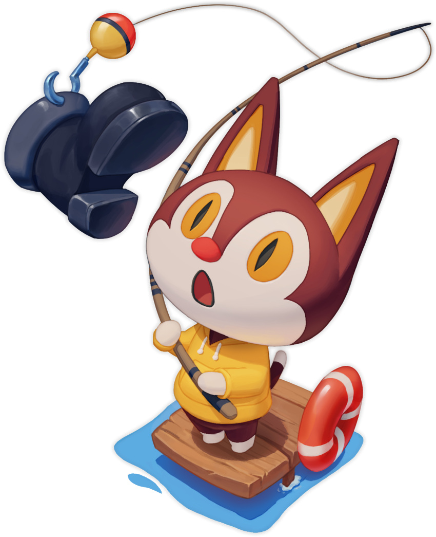 1boy, :o, a_wu, animal_crossing, animal_ears, boot_removed, brown_shorts, cat_ears, cat_tail, chinese_commentary, commentary_request, fishing, fishing_rod, from_above, full_body, furry, furry_male, highres, holding, holding_fishing_rod, hood, hood_down, hoodie, lifebuoy, looking_at_object, looking_up, male_focus, open_mouth, pier, pocket, rudy_(animal_crossing), shorts, simple_background, slit_pupils, solo, standing, tail, water, white_background, yellow_eyes, yellow_hoodie