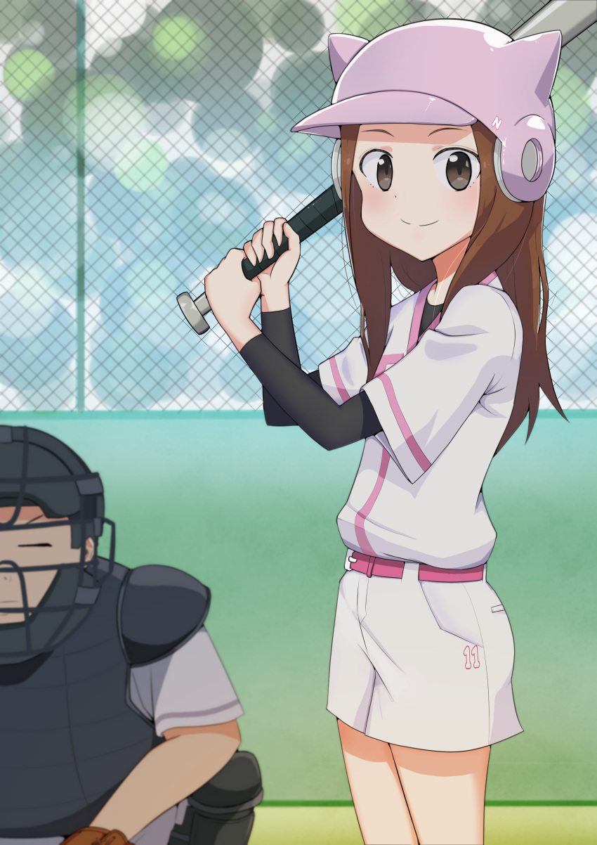 1girl, absurdres, baseball_bat, baseball_helmet, brown_eyes, brown_hair, fence, helmet, highres, holding, holding_baseball_bat, karakai_jouzu_no_takagi-san, oo_s, short_sleeves, shorts, smile, solo_focus, sportswear, standing, takagi-san, white_shorts