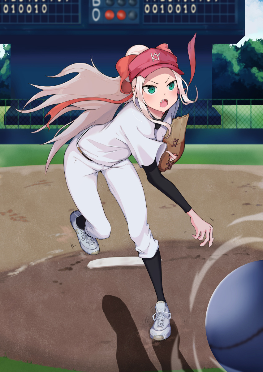 1girl, absurdres, baseball, baseball_cap, day, fang, fence, fudatsuki_kyouko, fudatsuki_no_kyouko-chan, green_eyes, hair_ribbon, hat, highres, long_hair, oo_s, outdoors, pants, pitching, pitching_mound, red_headwear, red_ribbon, ribbon, scoreboard, shadow, sharp_teeth, short_sleeves, standing, standing_on_one_leg, teeth, throwing, white_pants