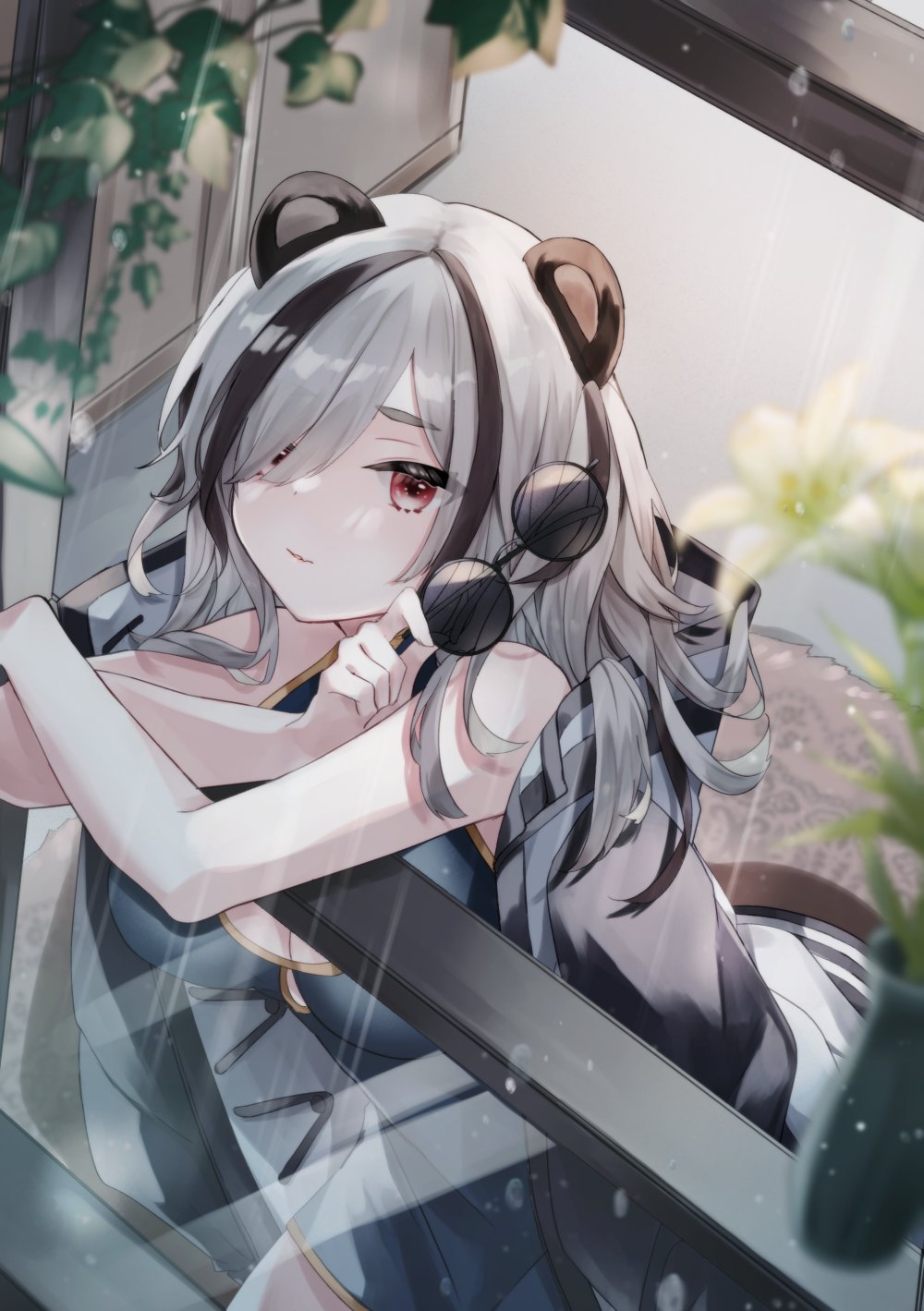 1girl, animal_ears, arknights, blurry, blurry_foreground, breasts, china_dress, chinese_clothes