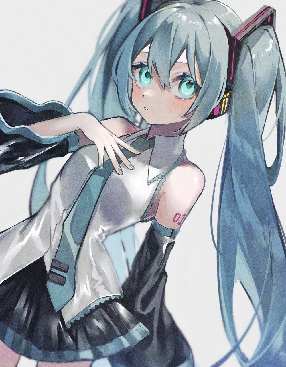 1girl, aqua_eyes, aqua_hair, aqua_necktie, armpit_crease, bangs, bare_shoulders, black_skirt, black_sleeves, breasts, collared_shirt, cowboy_shot, detached_sleeves, dutch_angle, grey_shirt, hair_between_eyes, hair_ornament, hand_on_own_chest, hand_up, hatsune_miku, headphones, highres, lace-trimmed_shirt, lace_trim, light_blush, long_hair, looking_at_viewer, medium_breasts, necktie, neon_trim, nuko_0108, parted_lips, pleated_skirt, shirt, shoulder_tattoo, sidelocks, simple_background, skirt, sleeveless, sleeveless_shirt, solo, straight_hair, tattoo, teeth, twintails, very_long_hair, vocaloid, white_background, wide_sleeves