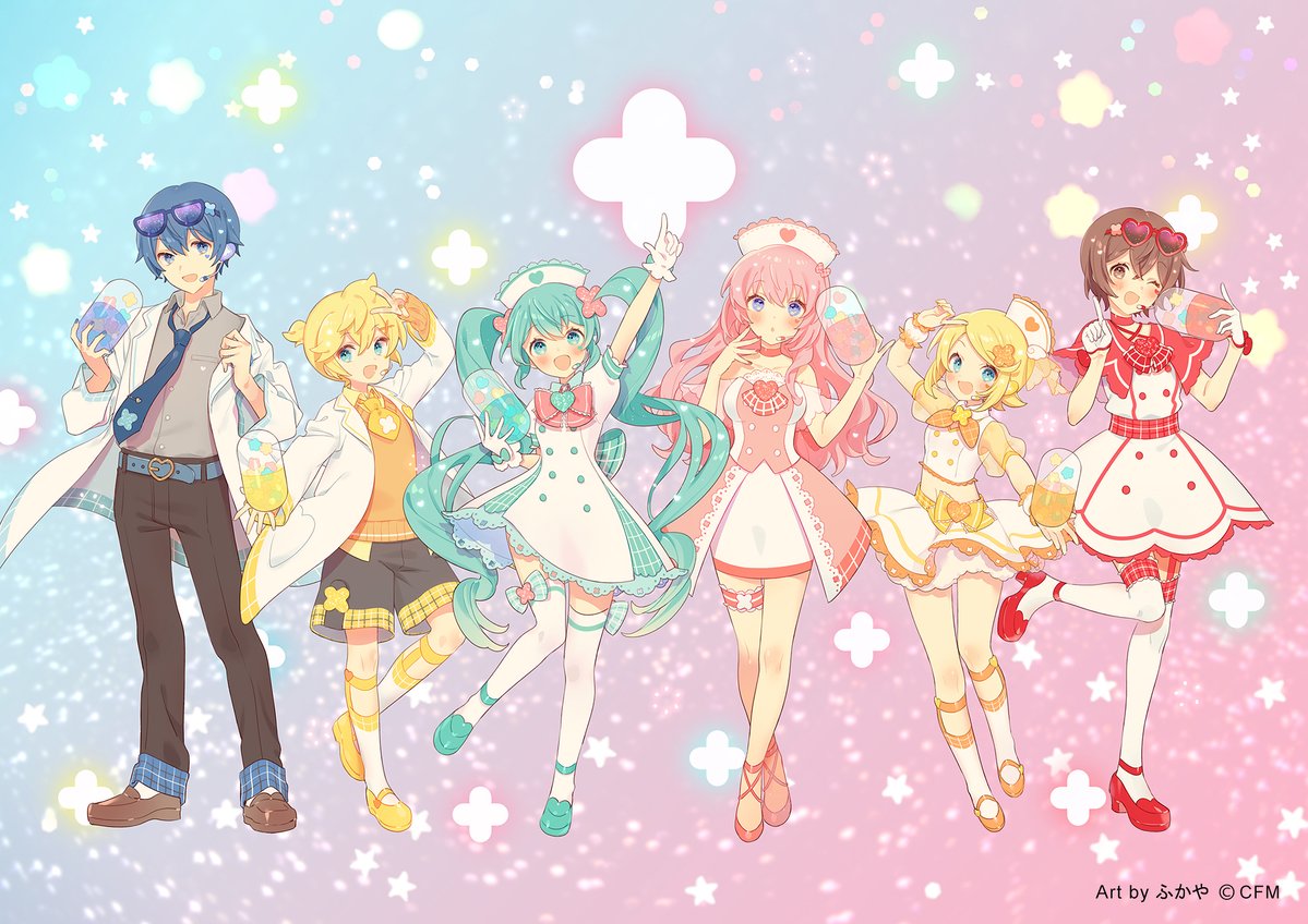2boys, 4girls, aqua_eyes, aqua_hair, arm_up, back_bow, bangs, bare_shoulders, belt, black_pants, blonde_hair, blue_belt, blue_eyes, blue_skirt, blush, bow, bowtie, breasts, brother_and_sister, brown_eyes, brown_footwear, brown_hair, buttons, calf, capsule, cardigan, choker, cropped_shirt, dress, eyewear_on_head, full_body, gloves, gradient, gradient_background, green_footwear, grey_shirt, hair_between_eyes, hair_ornament, hand_to_own_mouth, hat, hatsune_miku, headset, heart, heart-shaped_eyewear, high_heels, holding_pill, jacket, kagamine_len, kagamine_rin, kaito, kaito_(vocaloid), large_breasts, long_hair, long_sleeves, looking_at_viewer, megurine_luka, meiko, midriff, multiple_boys, multiple_girls, nurse, nurse_cap, one_eye_closed, open_mouth, orange_cardigan, orange_footwear, pants, parted_bangs, parted_lips, pencil_skirt, pink_footwear, pink_hair, plaid, pointing, puffy_short_sleeves, puffy_sleeves, pumps, red_footwear, removing_jacket, see-through, see-through_sleeves, shirt, short_dress, short_hair, short_sleeves, shorts, siblings, sidelocks, skirt, small_breasts, smile, thigh-highs, thigh_strap, twintails, v, vocaloid, white_dress, white_gloves, white_jacket, white_thighhighs, wristband, xpo917, yellow_footwear