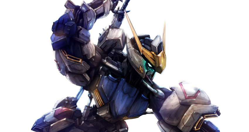 arm_up, blue_eyes, glowing, glowing_eyes, gundam, gundam_barbatos, gundam_tekketsu_no_orphans, highres