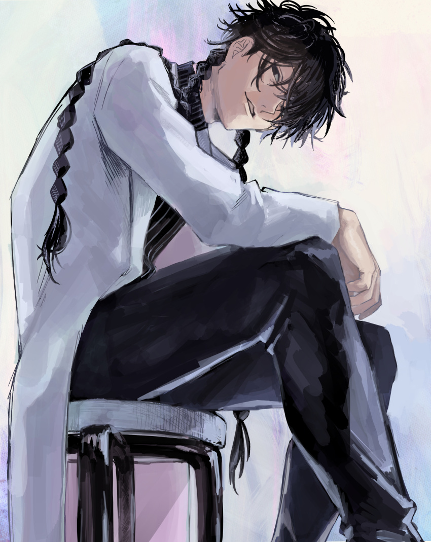 1boy, absurdres, black_eyes, black_pants, blue_period, braid, hair_over_one_eye, hashida_haruka, highres, jacket, long_hair, long_sleeves, male_focus, pants, shirt, shiu_2a2223, simple_background, sitting, solo, stool, striped, striped_shirt, twin_braids, vertical-striped_shirt, vertical_stripes, very_long_hair, white_background, white_jacket