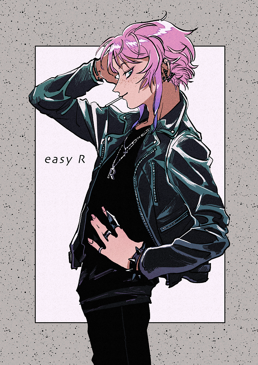 1boy, alternate_costume, amemura_ramuda, bangs, black_pants, black_shirt, blue_eyes, bracelet