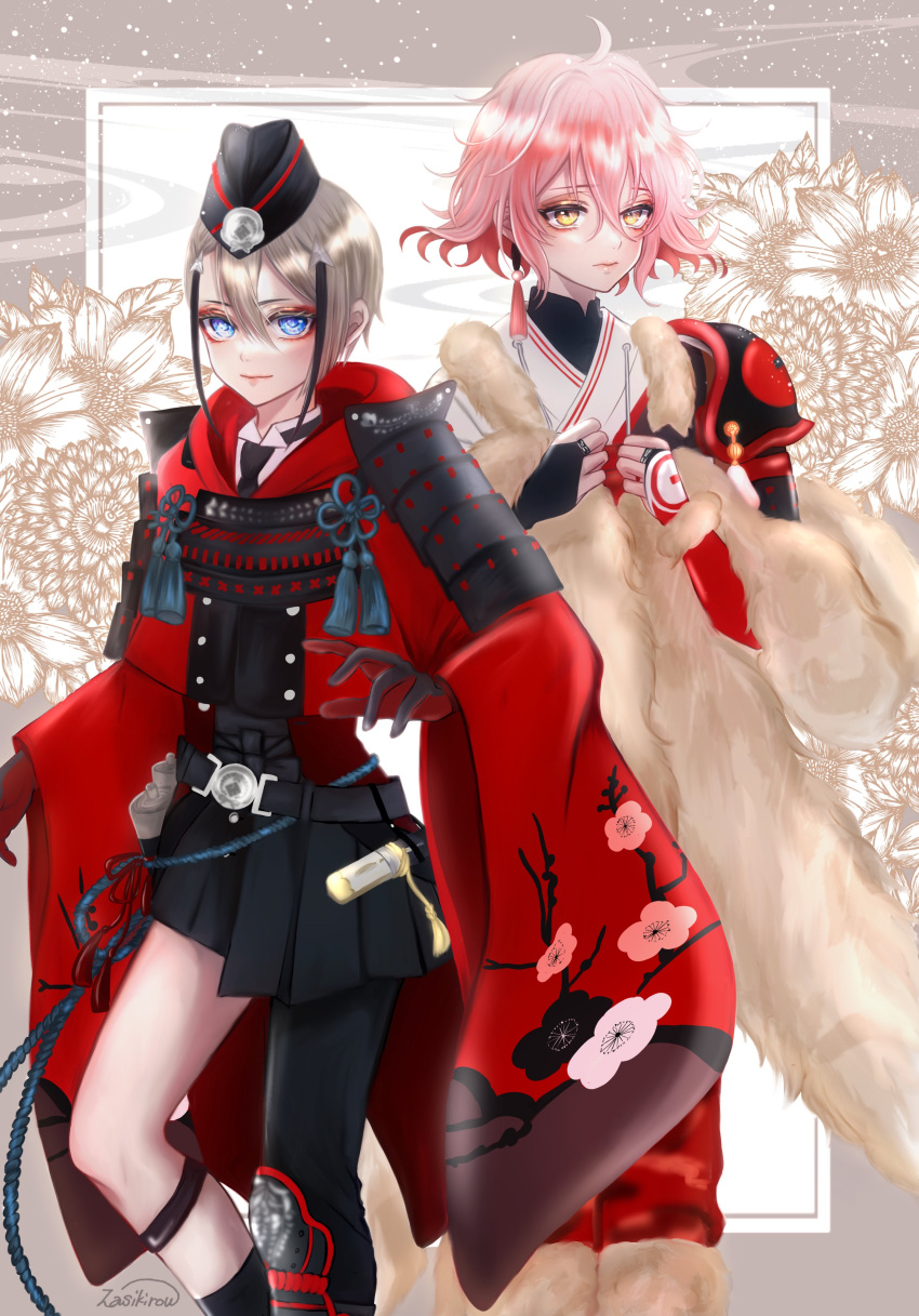 2boys, absurdres, androgynous, black_hair, blonde_hair, blue_eyes, gloves, hanjin_(touken_ranbu)