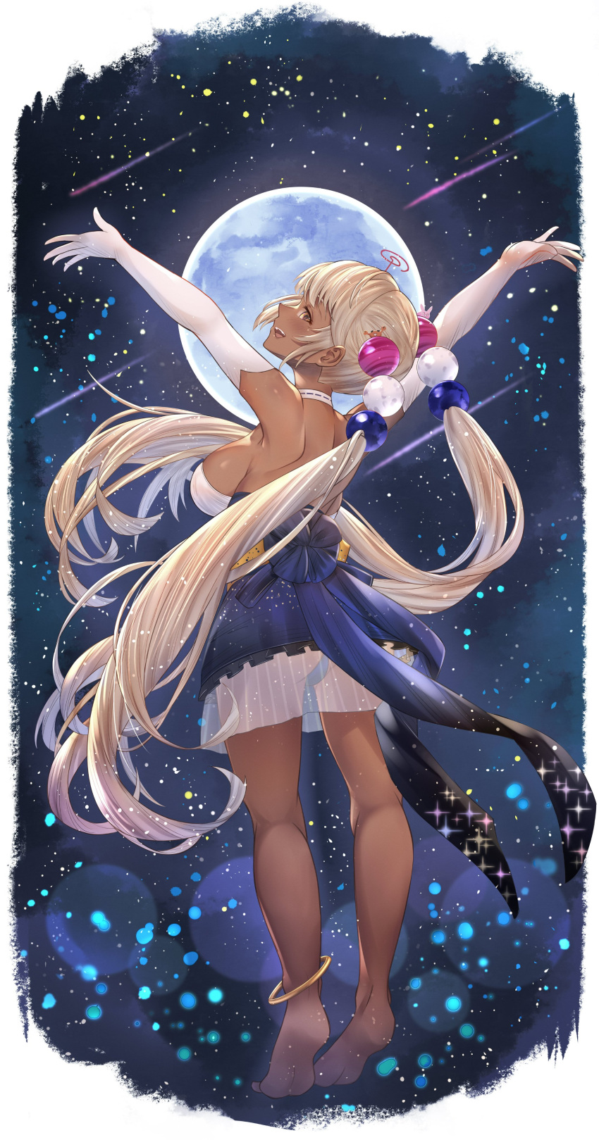 1girl, absurdres, ass, bangs, blonde_hair, blue_dress, breasts, dark-skinned_female, dark_skin, dress, elbow_gloves, gloves, hair_ornament, highres, hololive, hololive_english, honkivampy, large_breasts, leotard, leotard_under_clothes, limiter_(tsukumo_sana), long_hair, looking_at_viewer, multicolored_hair, open_mouth, planet_hair_ornament, sideboob, tsukumo_sana, twintails, two-tone_dress, very_long_hair, virtual_youtuber, white_hair, yellow_eyes