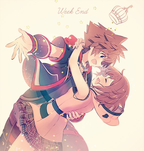 1boy, 1girl, arms_around_neck, belt, black_shirt, blue_eyes, breasts, brown_hair, chain_necklace, closed_eyes, couple, crown, dancing, dress, english_text, hair_between_eyes, hand_on_another's_back, hetero, hood, hood_down, hooded_dress, hoodie, jewelry, kairi_(kingdom_hearts), kingdom_hearts, kingdom_hearts_iii, looking_at_another, multicolored_clothes, multicolored_hoodie, necklace, open_mouth, outstretched_arms, pink_dress, plaid, shirt, short_hair, short_sleeves, signature, sleeveless, sleeveless_dress, small_breasts, smile, sora_(kingdom_hearts), spiky_hair, star_(symbol), upper_body, xpo917