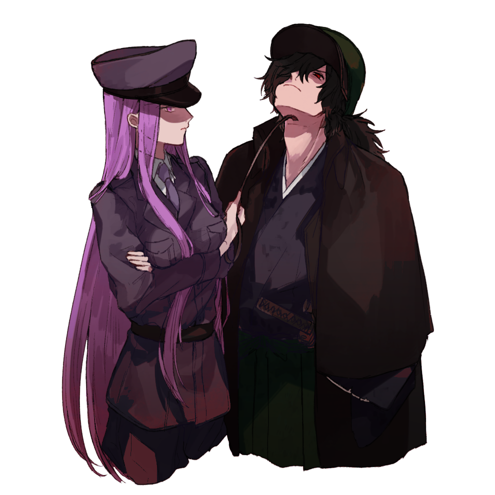 1boy, 1girl, alternate_costume, black_hair, fate_(series), femdom, long_hair, medusa_(fate), nekoyamiyako, okada_izou_(fate), purple_hair, red_eyes, simple_background, violet_eyes, white_background