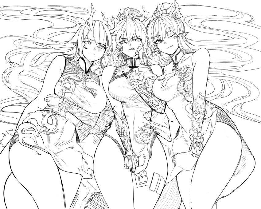 3girls, :q, alternate_breast_size, arknights, arm_tattoo, arm_under_breasts, bead_bracelet, beads